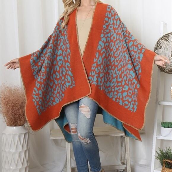 Women’s Leopard Print Ruana in Orange/Turquoise. - Picture 1 of 2